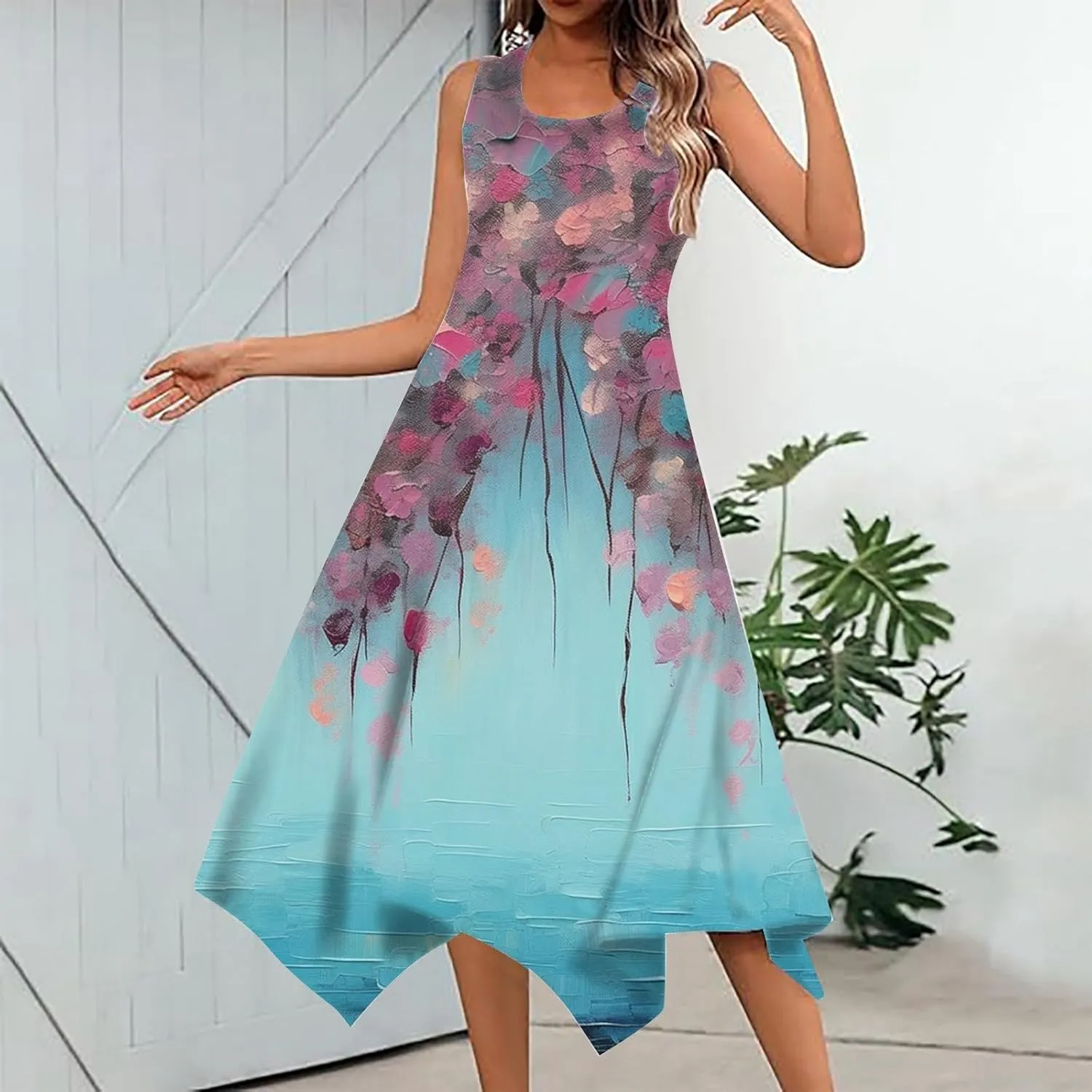 Womens Casual Dress 2025 Summer Tank Dresses Loose Flowy Beach Dress with Pockets Hankerchief Flare Midi Sundress