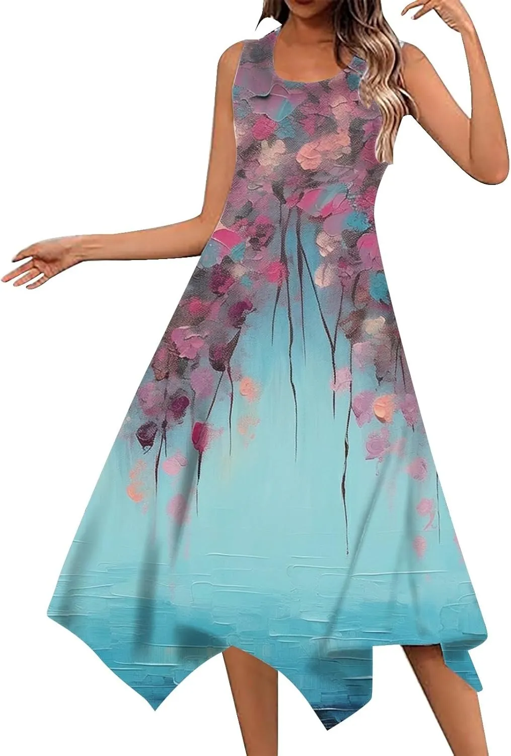 Womens Casual Dress 2025 Summer Tank Dresses Loose Flowy Beach Dress with Pockets Hankerchief Flare Midi Sundress