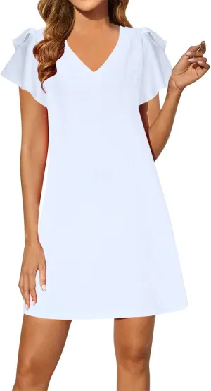 Women's Summer Cute Ruffle Sleeve Short Dresses Fashion V Neck A-Line Loose Mini Dress Trendy Going Out Clothes