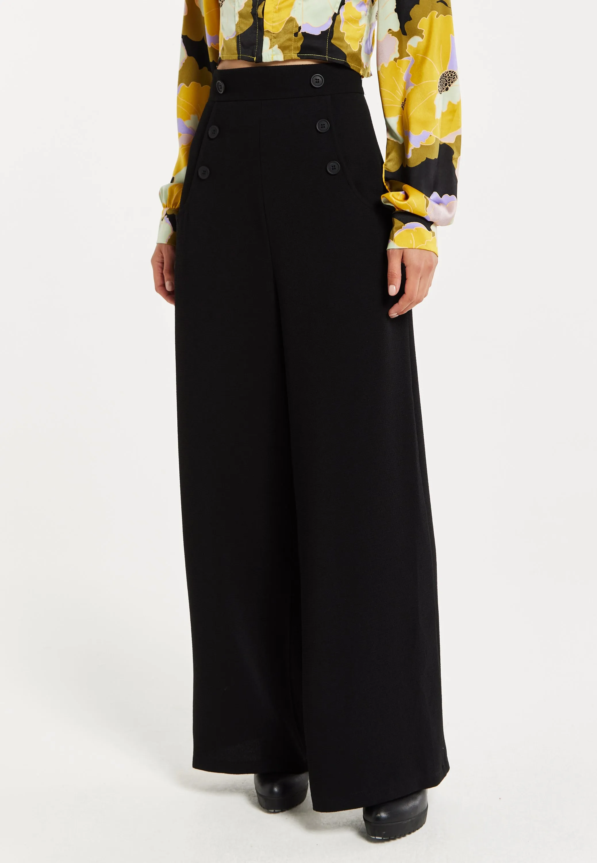 Women's Trousers - High Waist Black Wide Leg Pants with Front Buttons and Pockets, Fits Small to Size, Liquorish