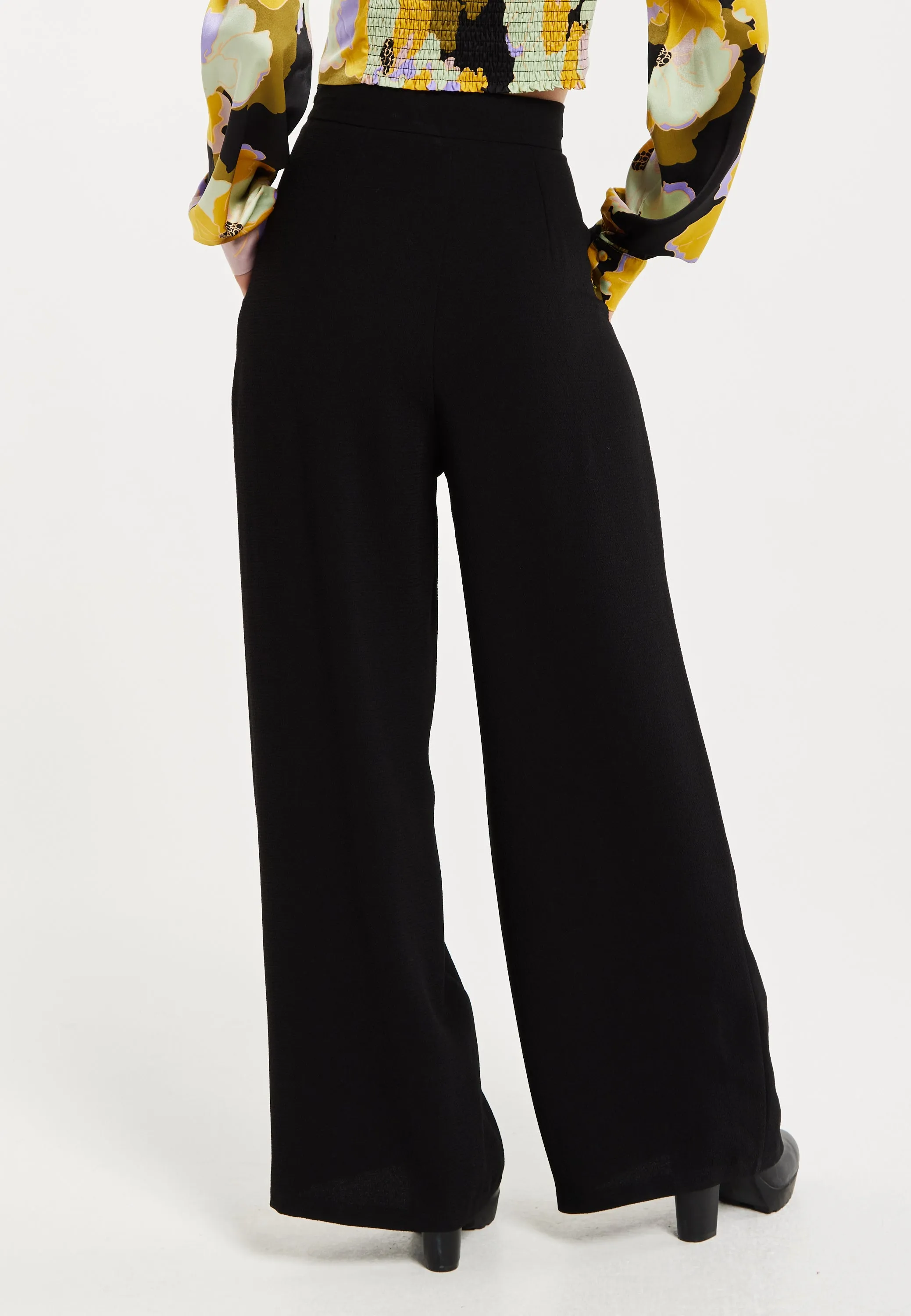 Women's Trousers - High Waist Black Wide Leg Pants with Front Buttons and Pockets, Fits Small to Size, Liquorish