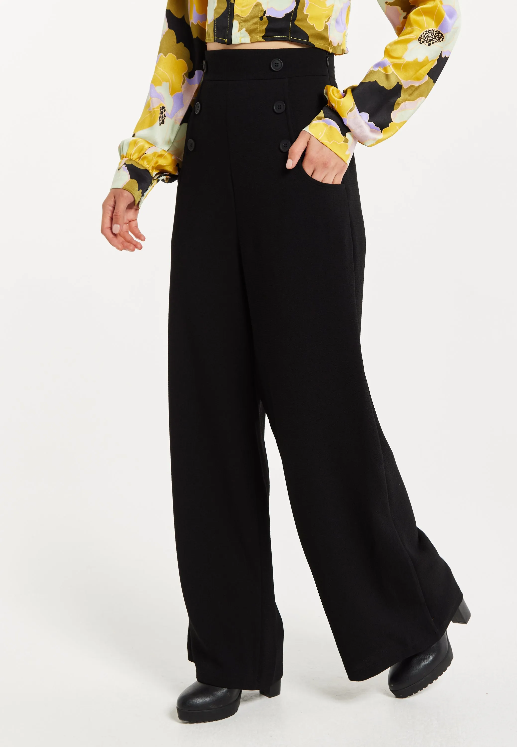 Women's Trousers - High Waist Black Wide Leg Pants with Front Buttons and Pockets, Fits Small to Size, Liquorish